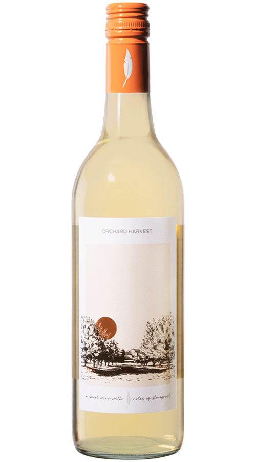 A tall bottle of pale wine with an orange cap and label reading “Orchard Harvest,” shown against a bright green background.