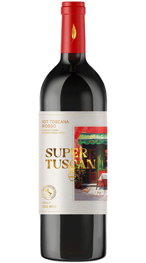 Bottle of Super Tuscan Italian red wine with a red cap and cream label, shown upright on a green background with a small storefront image.