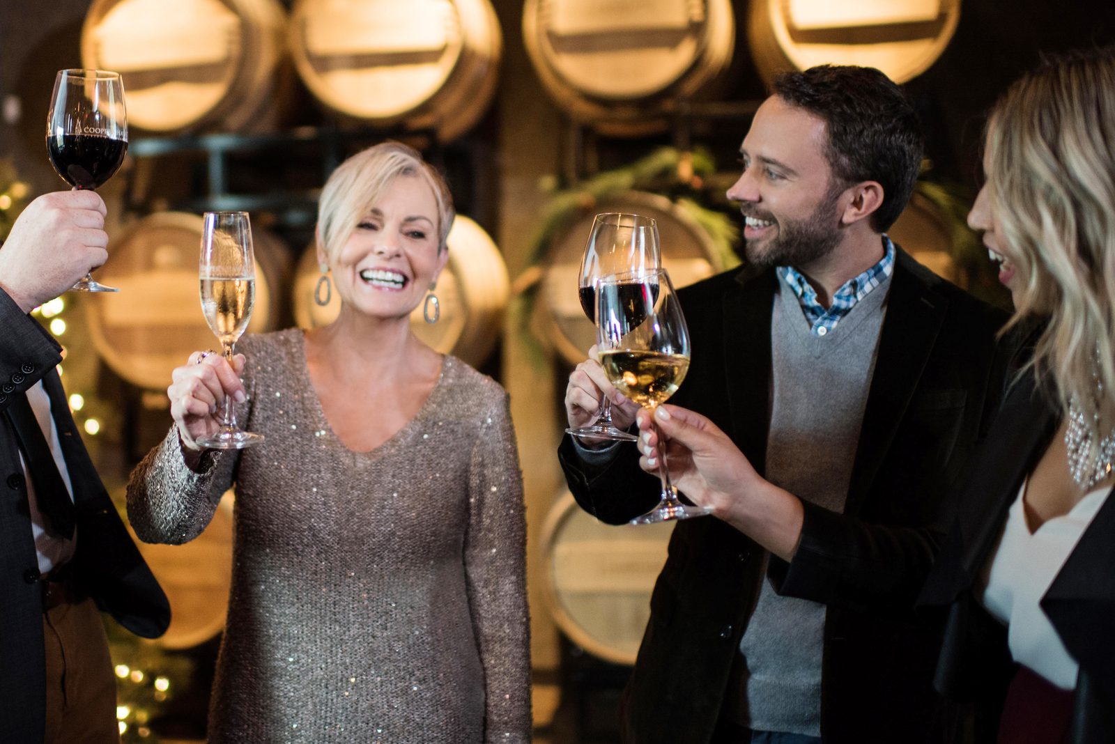 A group of people toasting wine glasses in a wine cellar.