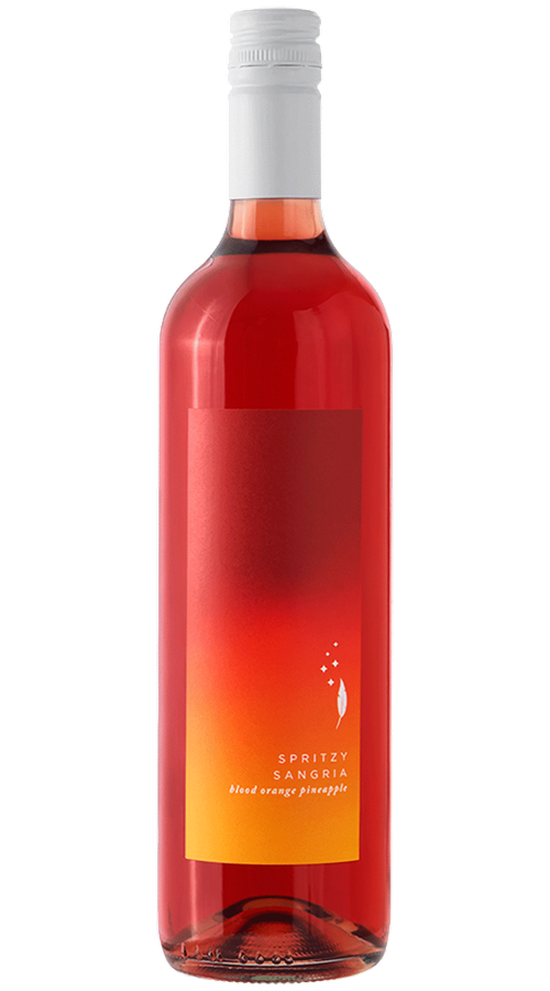 Bottle of Spritzy Sangria (blood orange pineapple) with orange-to-red gradient label and white screw cap