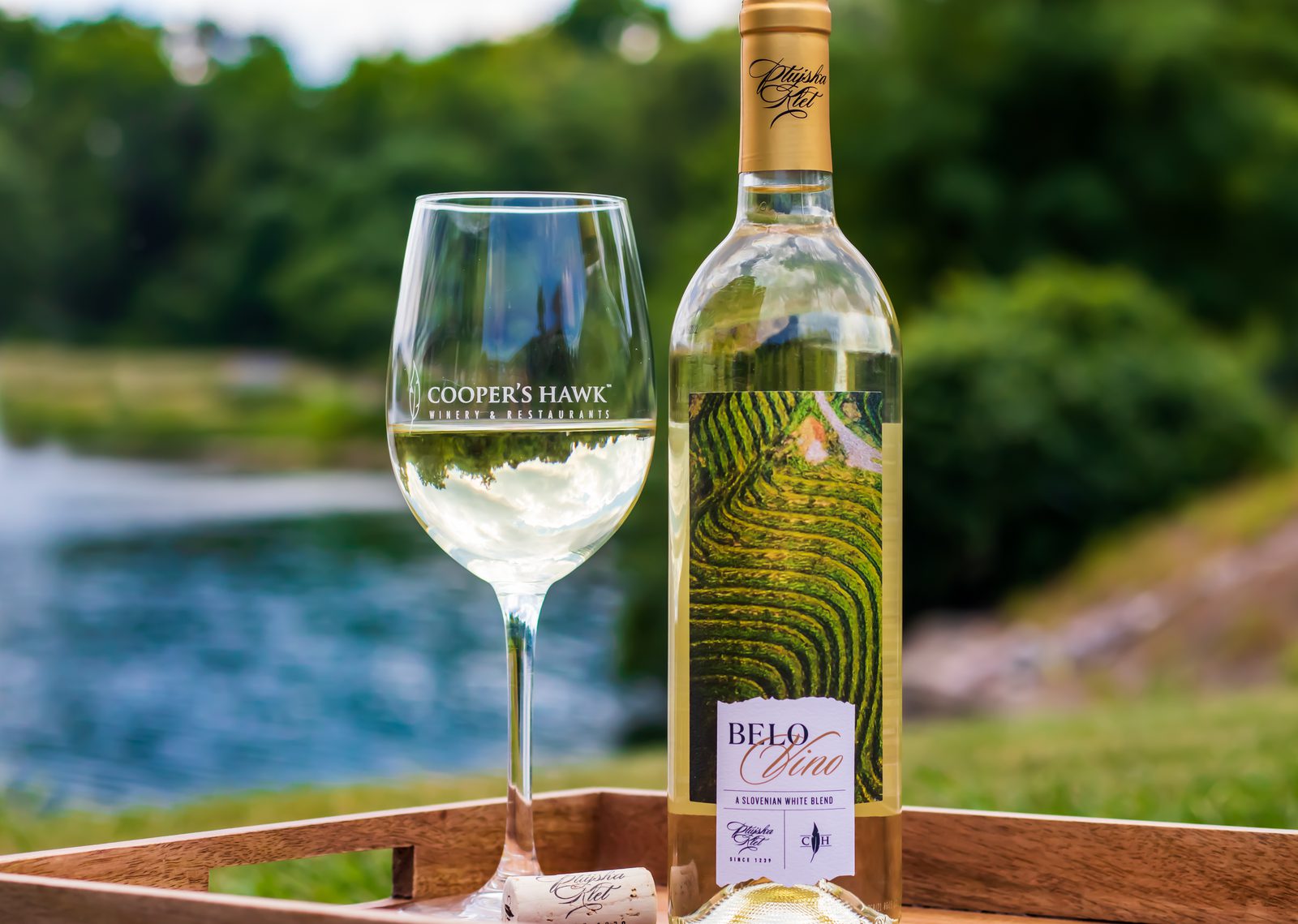 A bottle of white wine sits on a tray next to a pond.