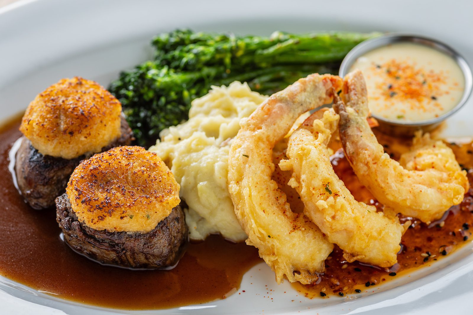Crab Crusted Medallions Tempura Shrimp Image plated