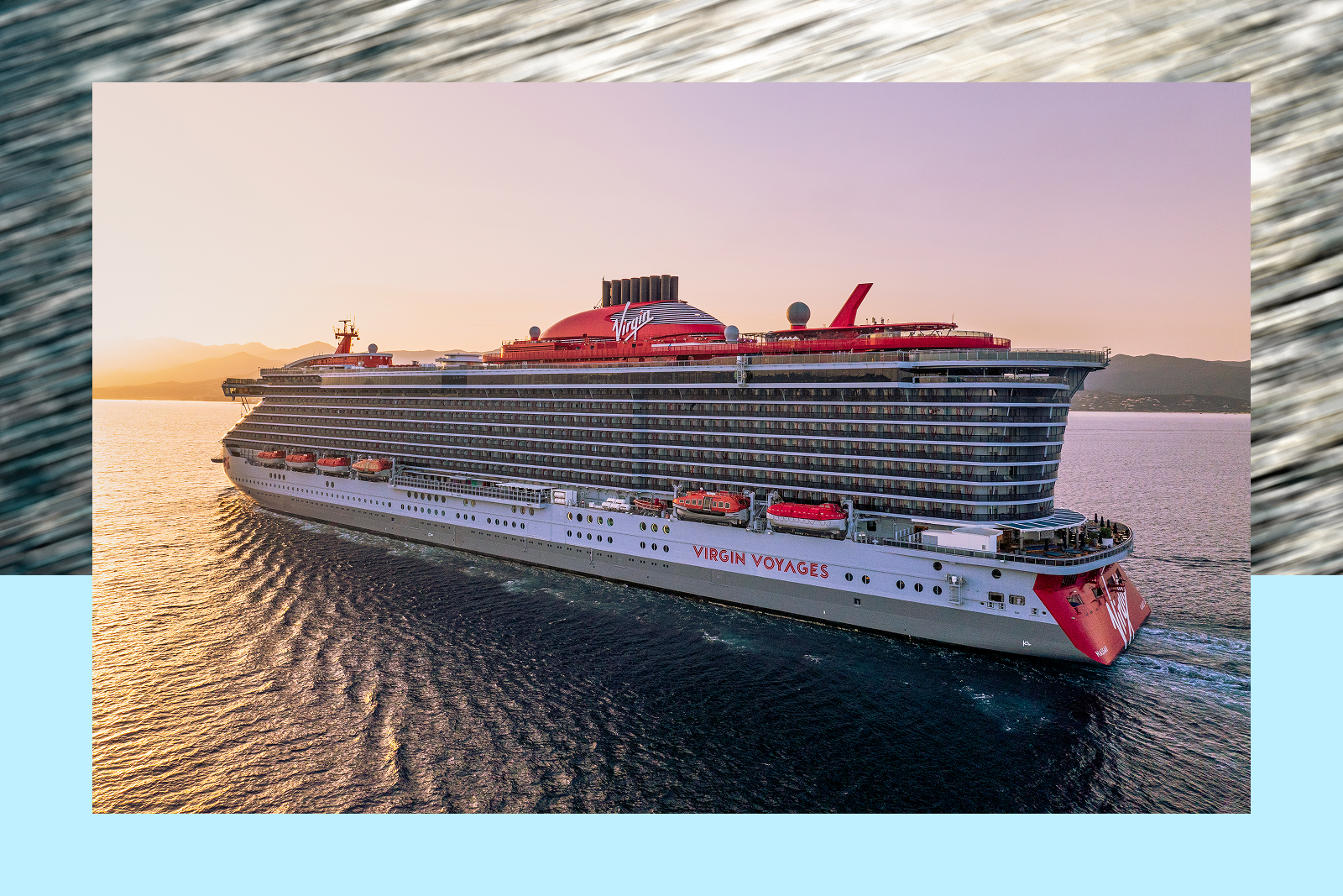 Virgin Voyages cruise ship sailing near coastline at sunset, name 'VIRGIN VOYAGES' visible on hull.