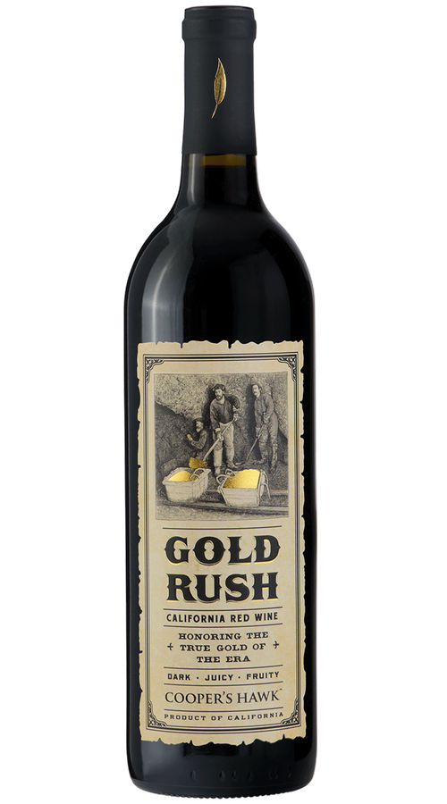 Bottle of Gold Rush California Red Wine (Cooper's Hawk) with vintage gold‑miner illustration and gold foil accents