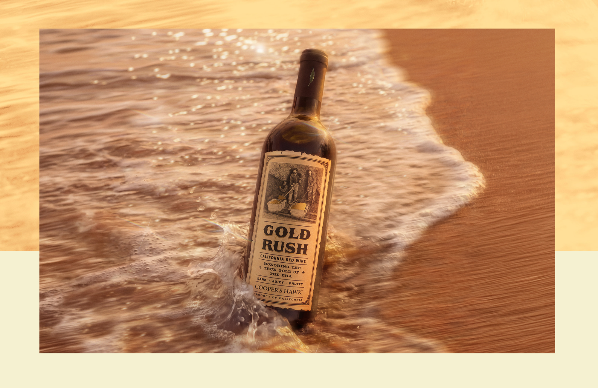 Bottle of wine labeled GOLD RUSH California Red Wine Cooper's Hawk, partially in surf on sandy shore at sunset