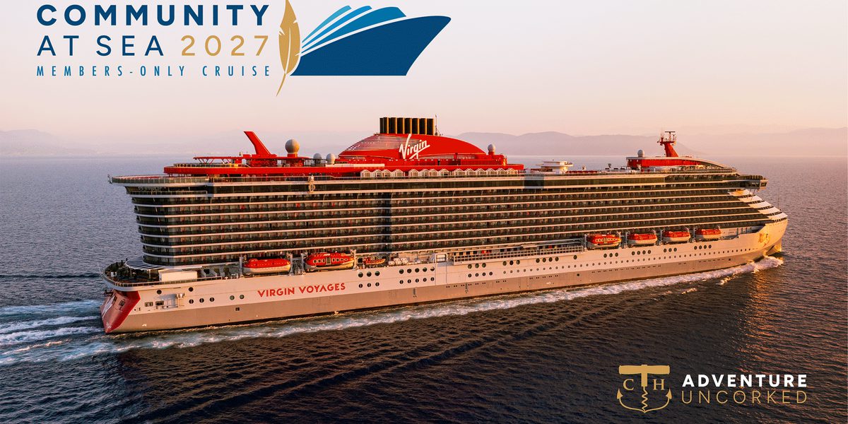 COMMUNITY AT SEA 2027 MEMBERS-ONLY CRUISE; VIRGIN VOYAGES cruise ship sailing at sea; ADVENTURE UNCORKED