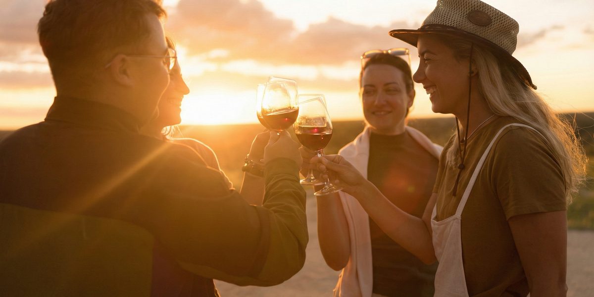 Four people toasting with red-wine glasses outdoors at sunset