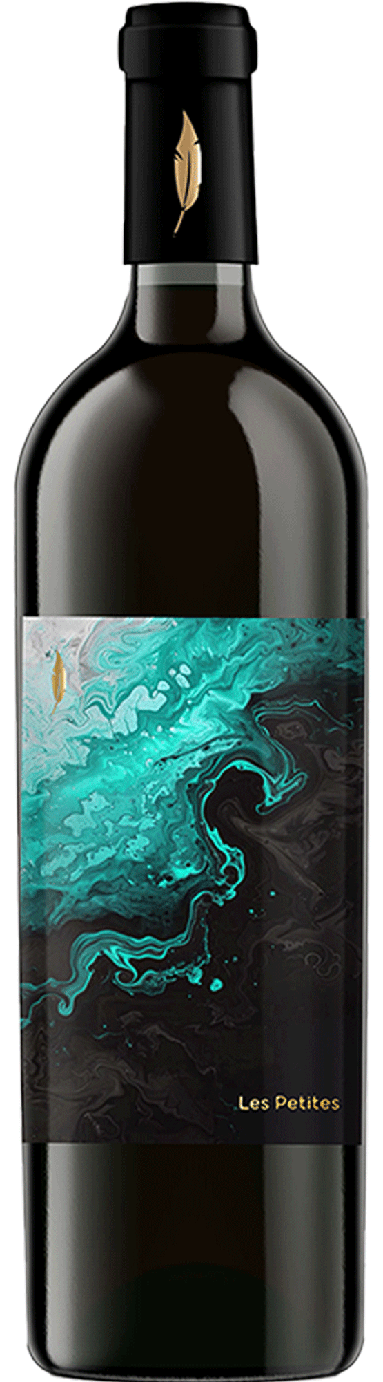 Wine bottle with black capsule, gold feather emblem, teal marbled label and Les Petites text