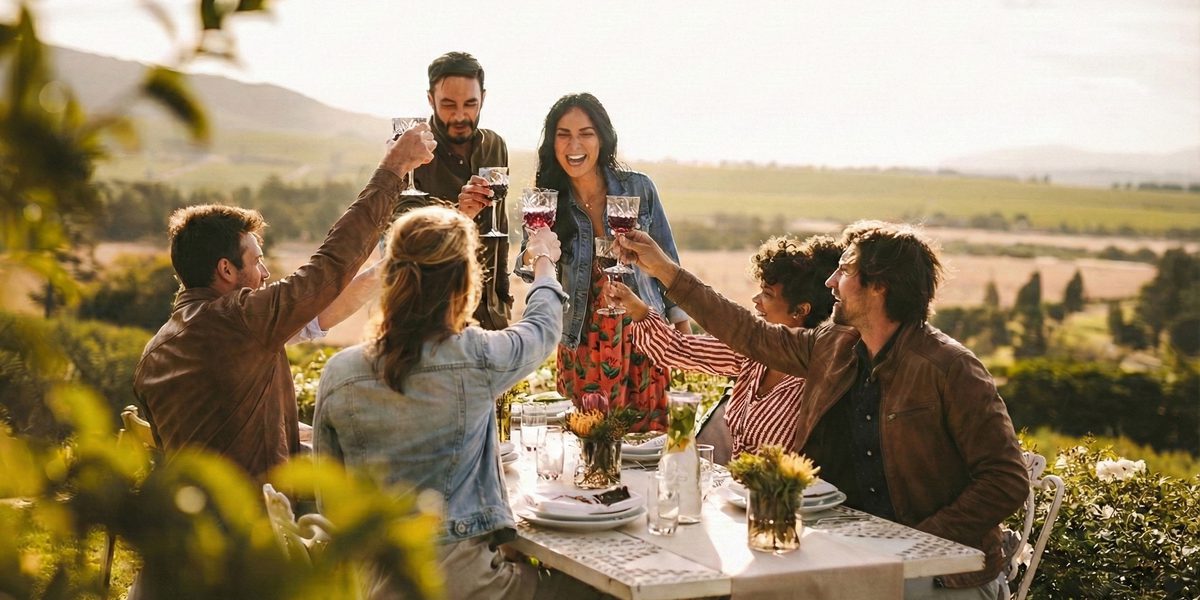 A group of friends toast with wine glasses around an outdoor table at sunset, smiling in a vineyard with hills and fields in the background.