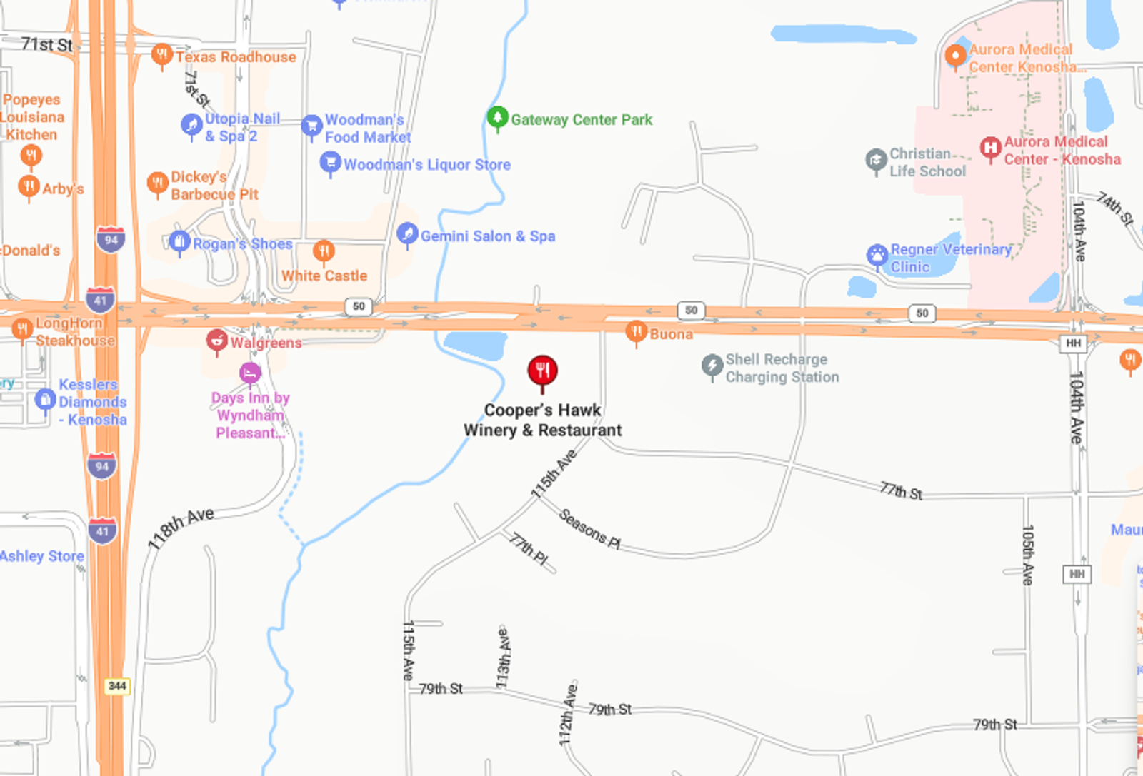 Map showing Cooper's Hawk Winery & Restaurant marked south of Highway 50 near the I-94/I-41 interchange