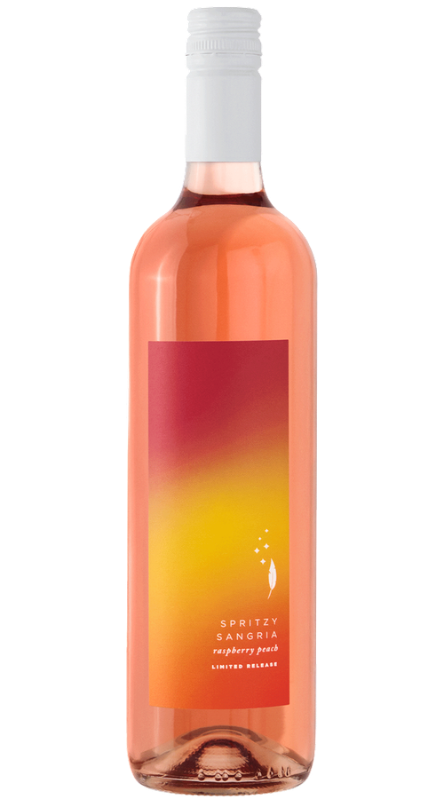 Bottle of rosé labeled SPRITZY SANGRIA raspberry peach LIMITED RELEASE with red-to-yellow gradient label and white screw cap