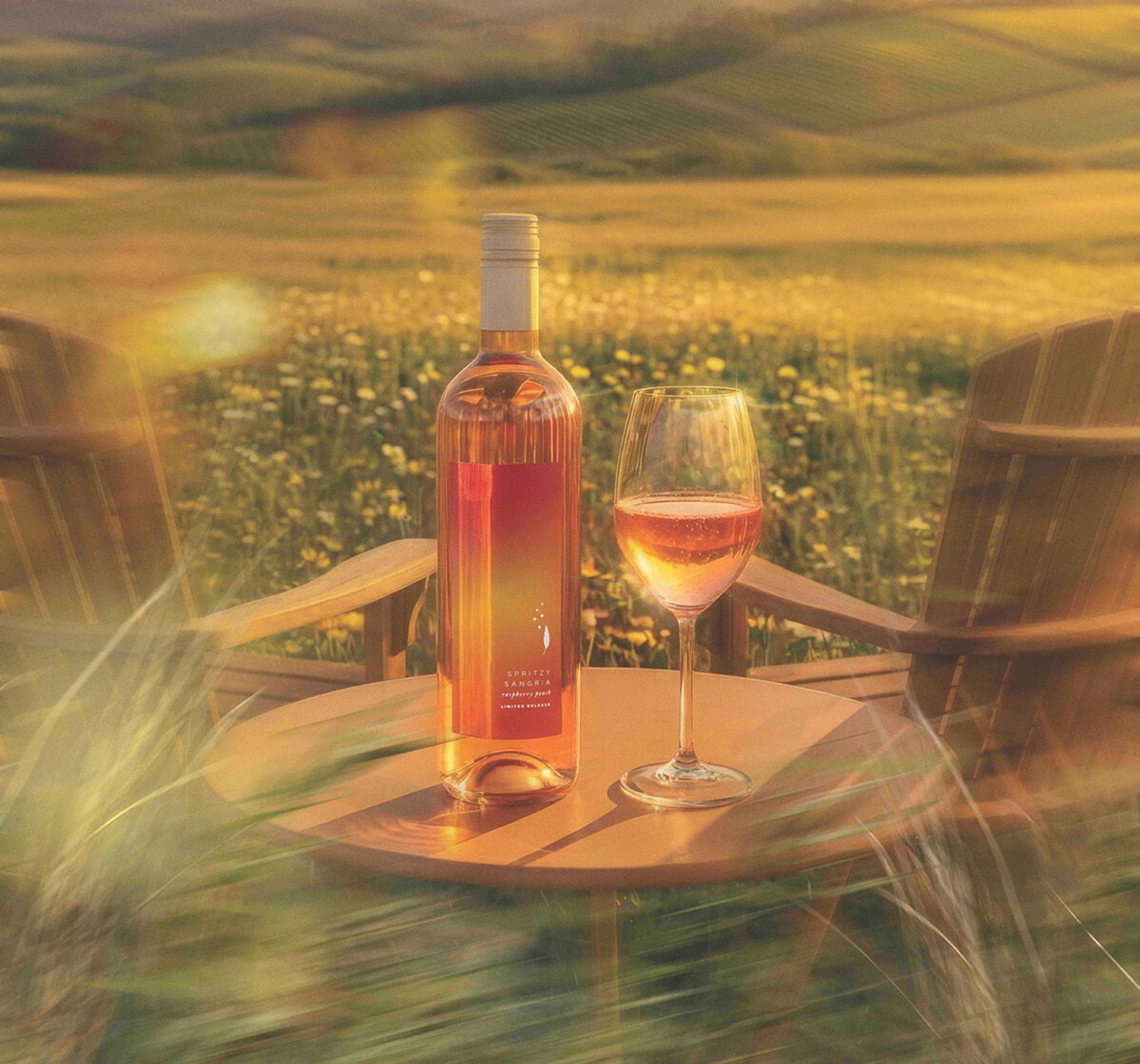 Bottle of rosé and a partially filled wine glass on a round table between two wooden chairs in a sunlit field at sunset