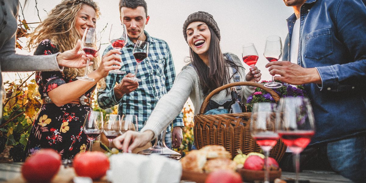 Wine drinking and tasting in the vineyard