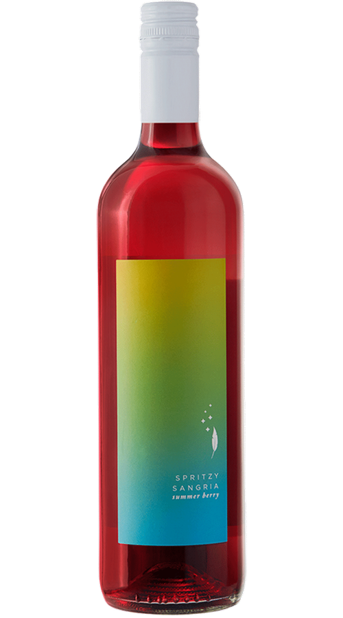 Bottle labeled SPRITZY SANGRIA summer berry, white screw cap, green-to-blue gradient label