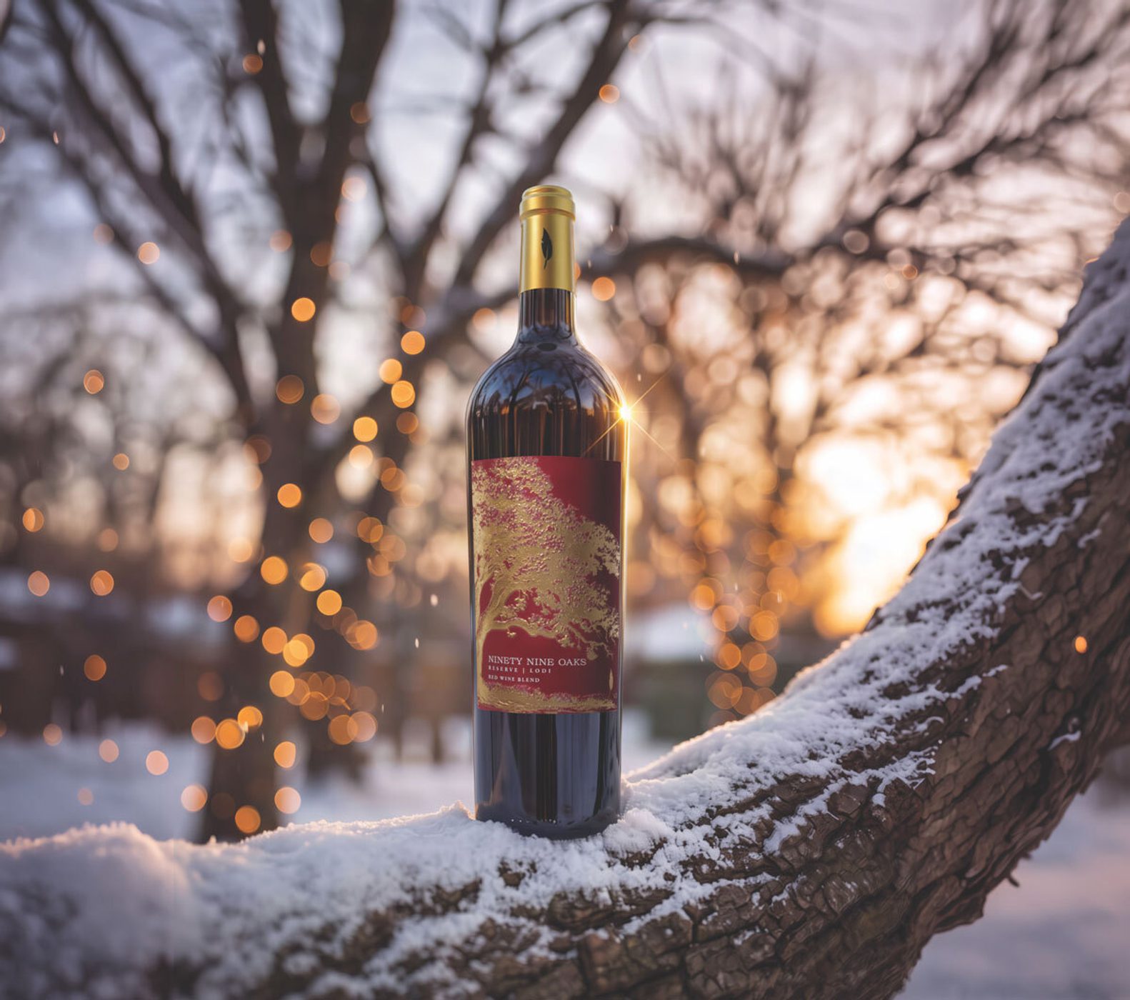 Wine bottle perched on a snow-covered tree branch at sunset, with warm bokeh lights and bare trees blurred in the background.