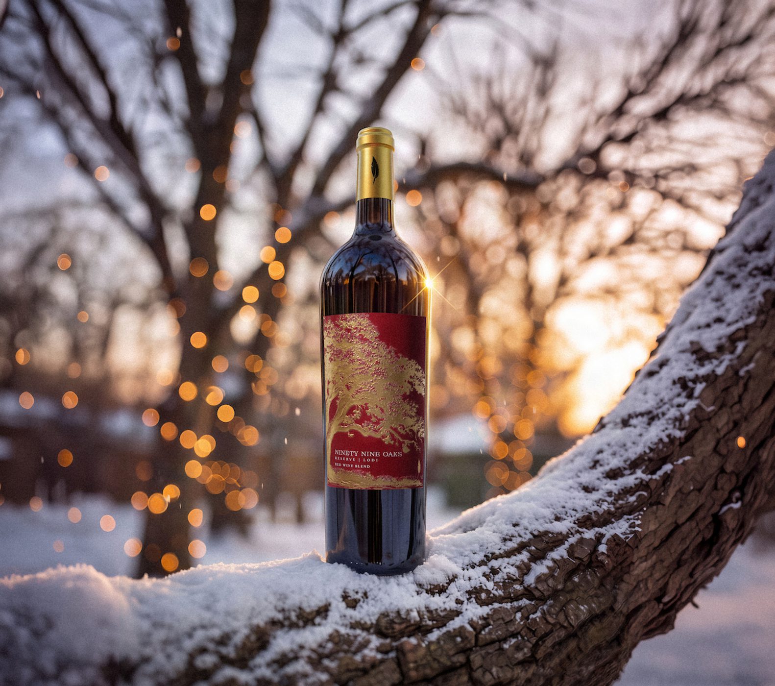 Bottle of red wine standing on a snow-dusted tree branch at sunset, with warm blurred lights and bare trees in the background