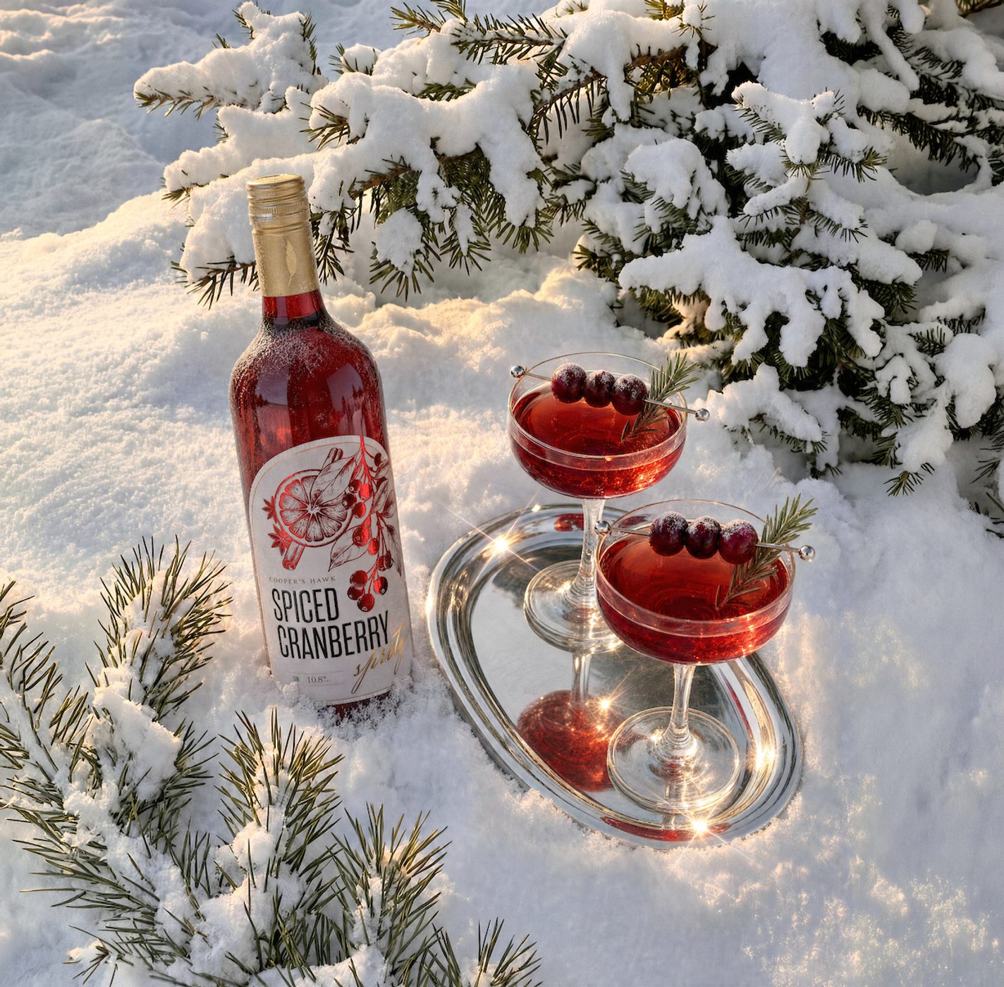 Bottle of spiced cranberry drink beside two red cocktails on a silver tray in snow, garnished with cranberries and rosemary, framed by snowy evergreen branches