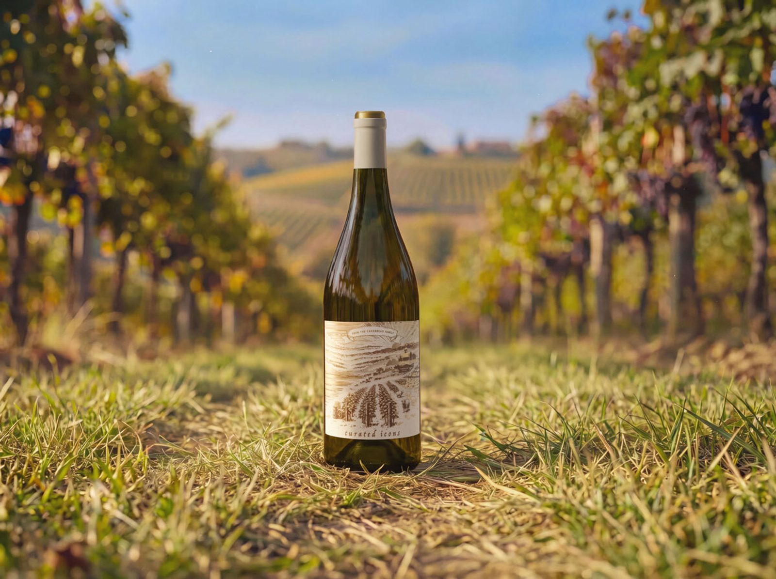 Wine bottle standing in a grassy vineyard row, with blurred vines and rolling hills in the background under a clear blue sky
