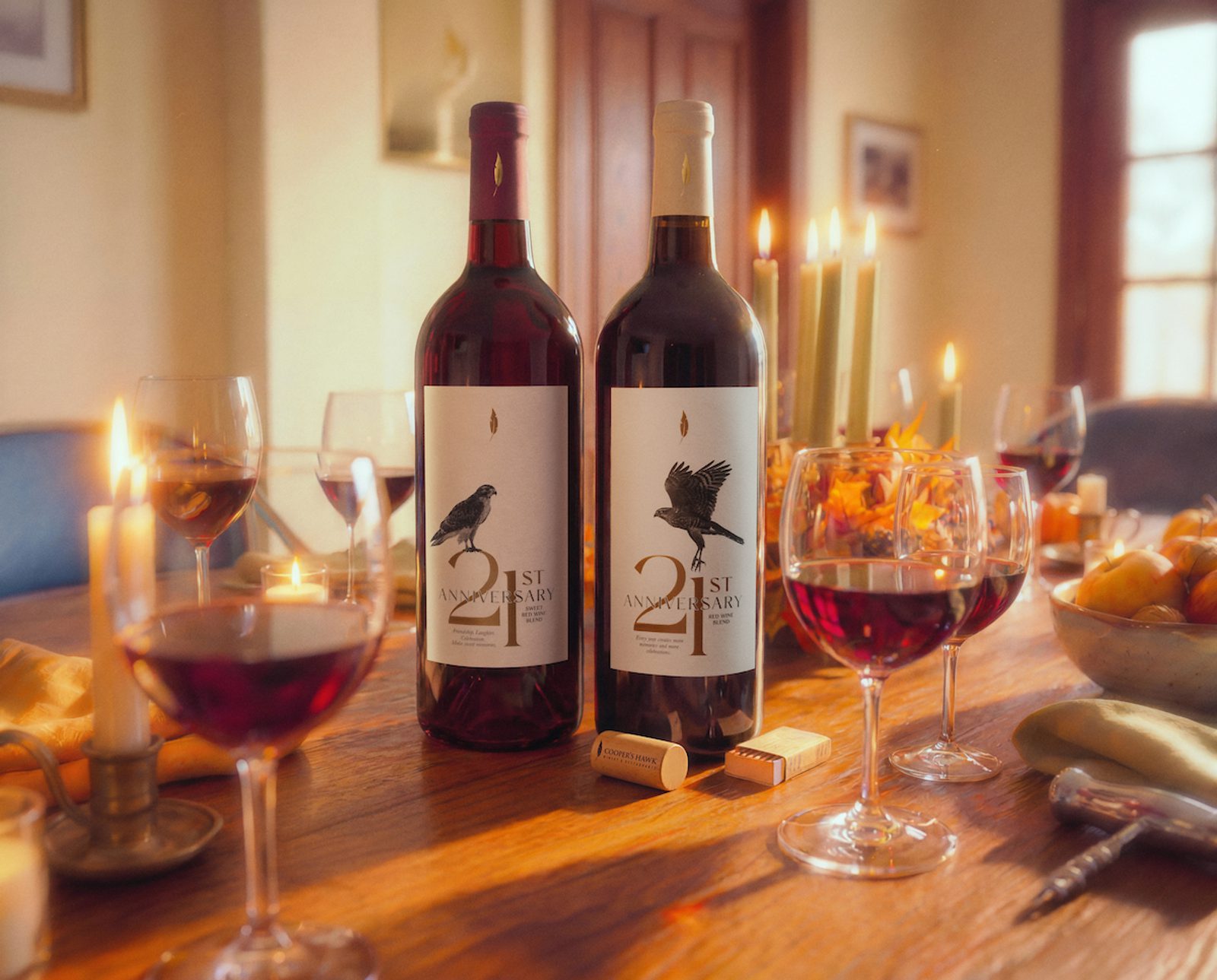 Two labeled wine bottles on a candlelit table with several filled wine glasses, fruit, corks, and warm sunlight streaming through a dining room.