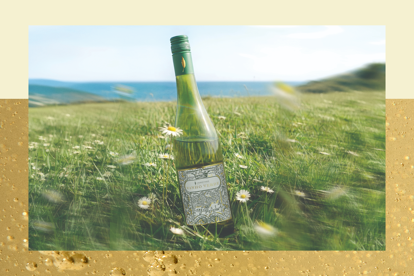 Green Vinho Verde wine bottle with ornate label standing in a grassy meadow with daisies and a distant sea