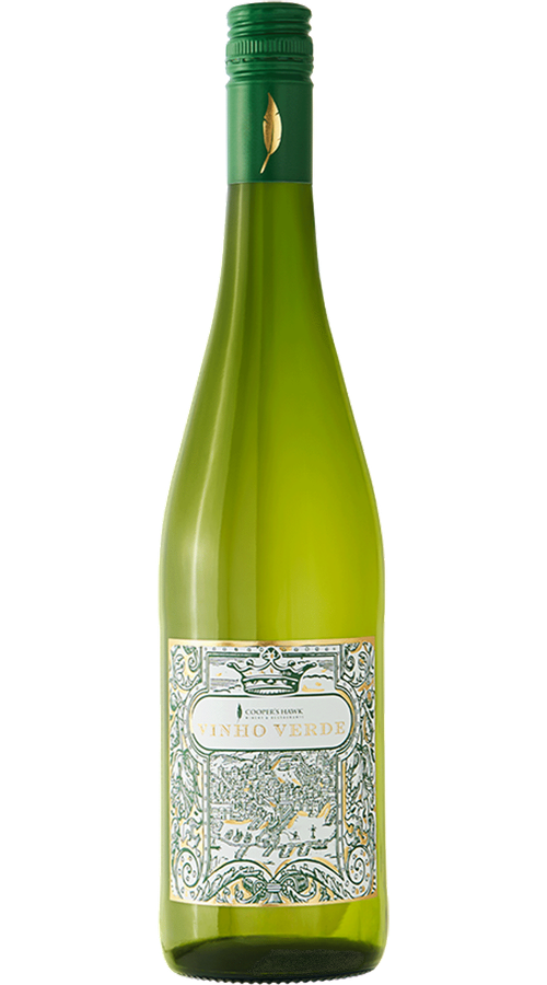 Green bottle of Vinho Verde wine with green screw cap and decorative white label reading VINHO VERDE