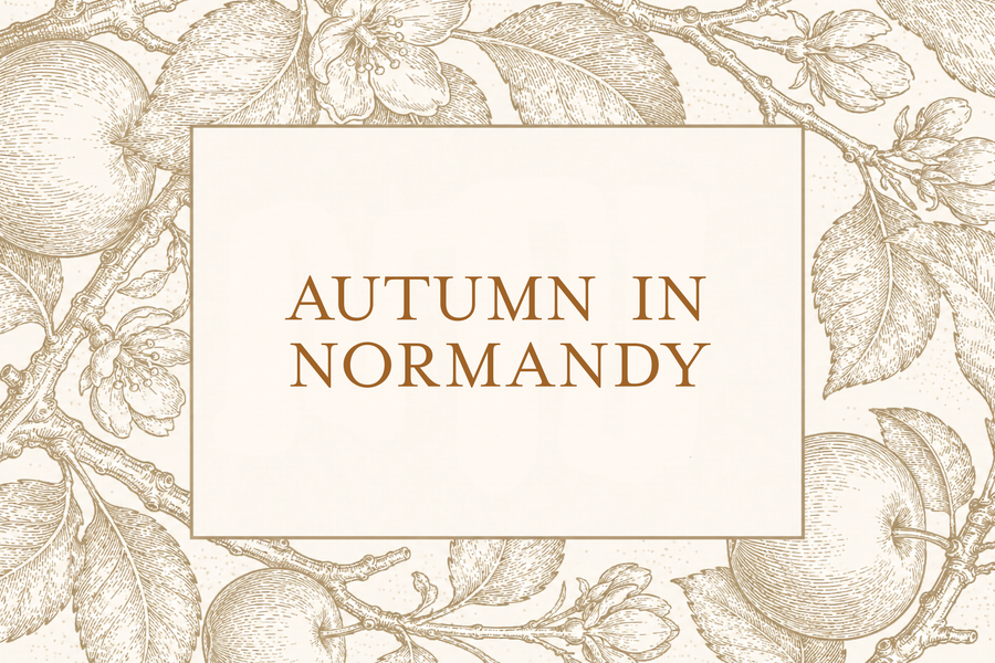 Decorative botanical title card with vintage apple blossoms and fruit border around a cream center panel reading “AUTUMN IN NORMANDY”