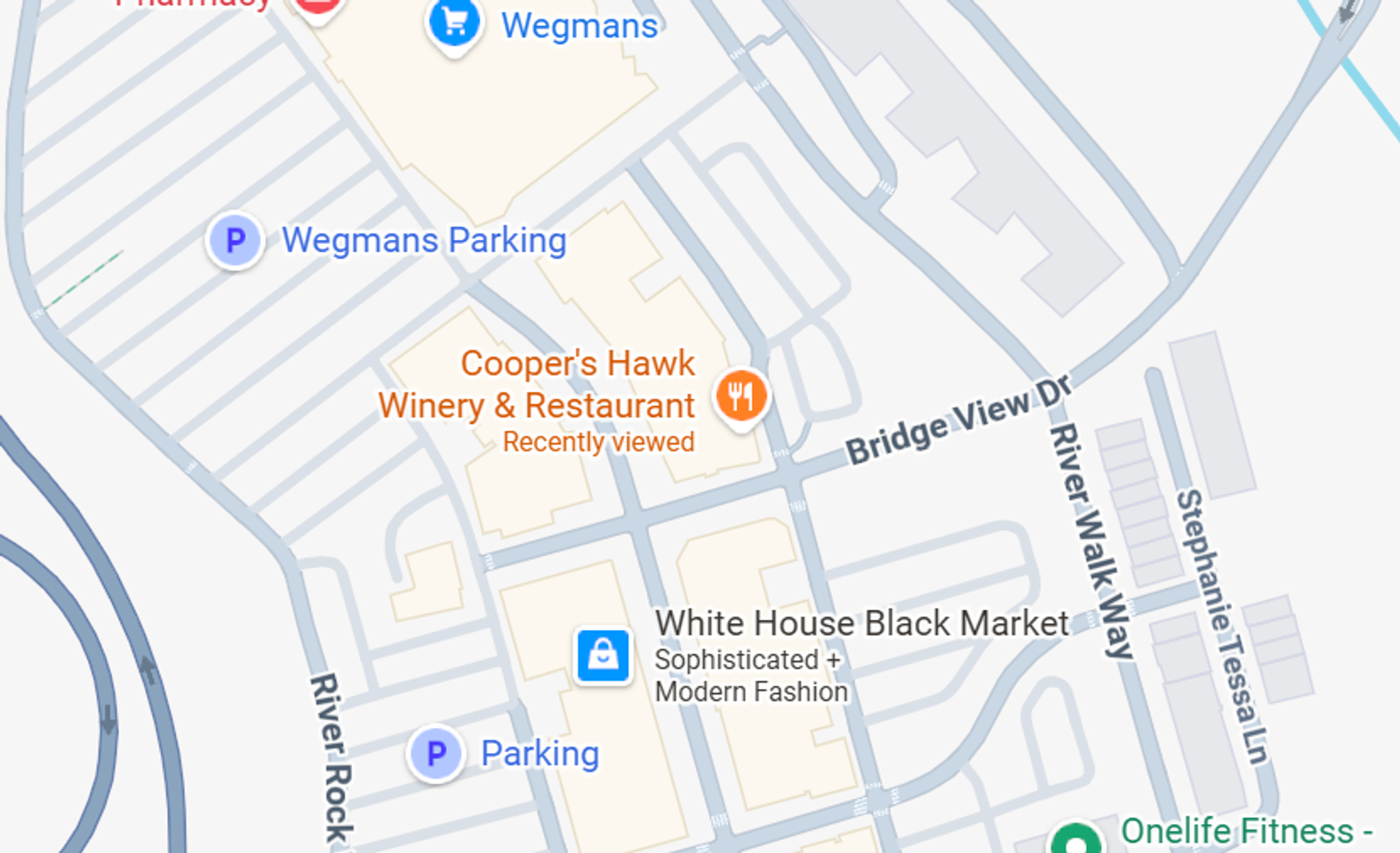 Retail map showing Cooper's Hawk Winery, White House Black Market, Bridge View Dr, River Walk Way, and nearby parking.