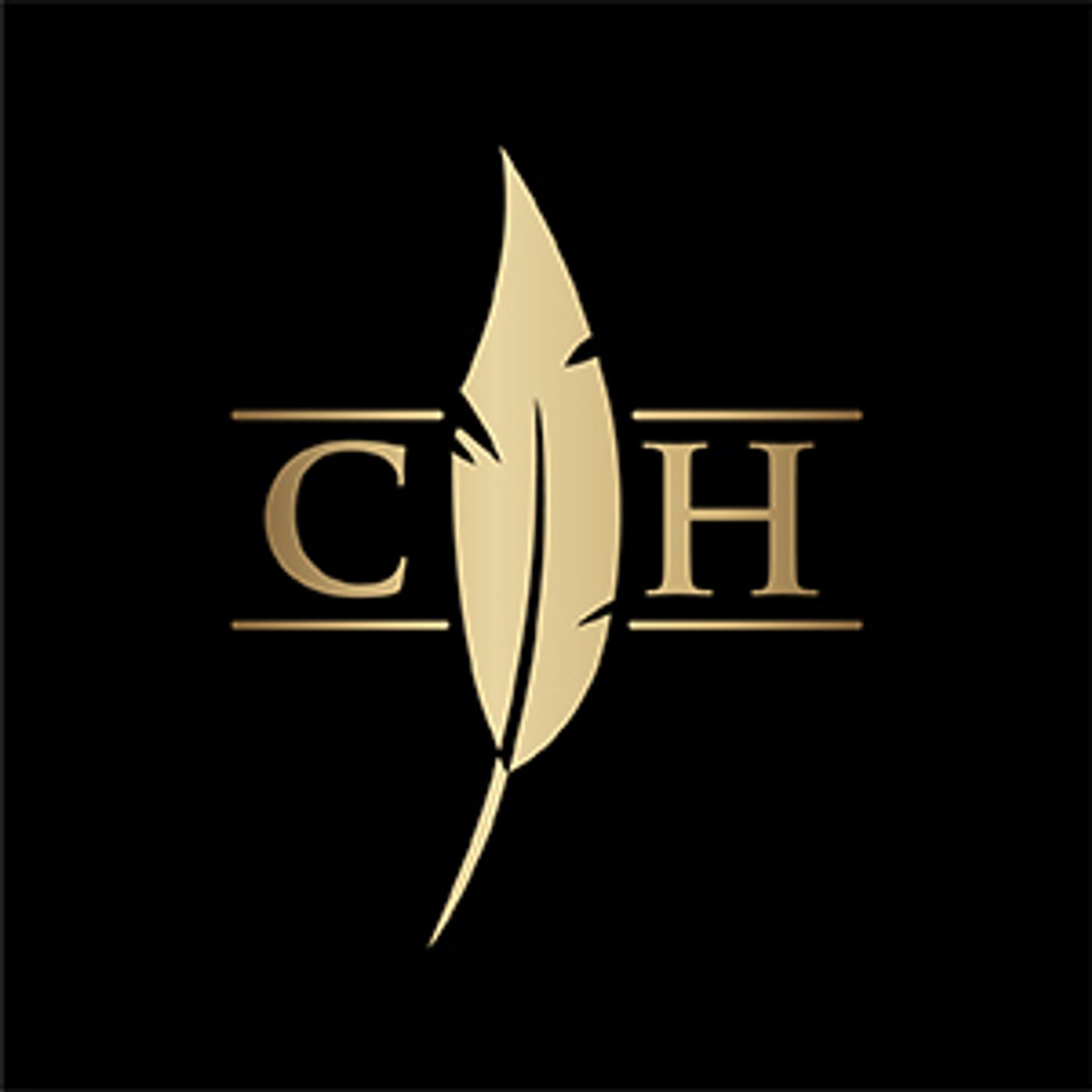 A gold feather logo on a black background.