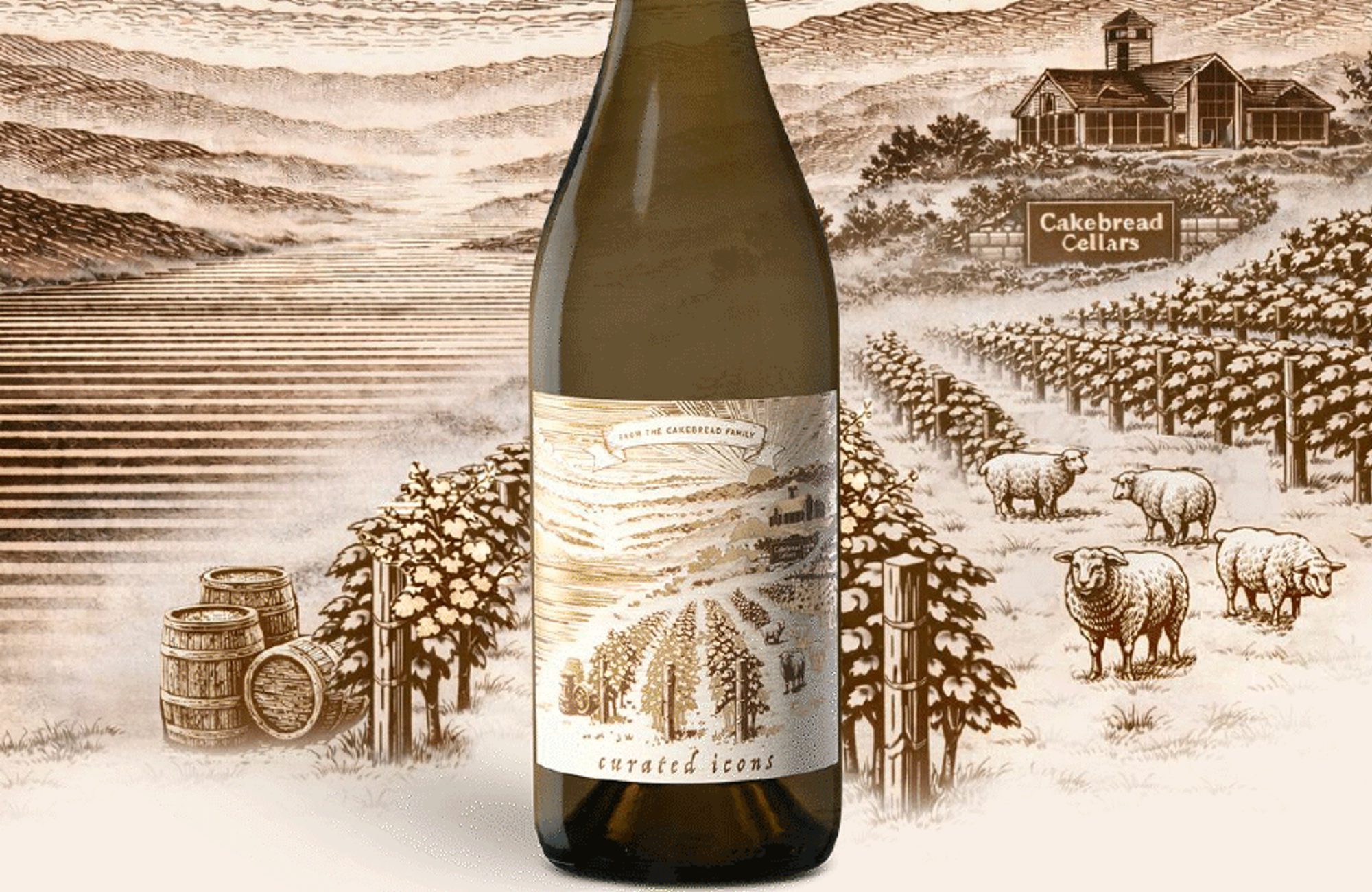 Wine bottle labeled Curated Icons standing in front of a sepia vineyard illustration with rolling hills, sheep, barrels, and a Cakebread Cellars sign