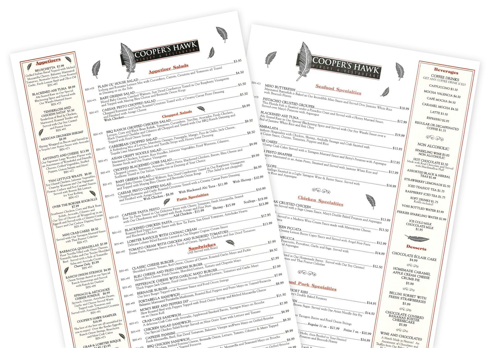 Two tilted Cooper’s Hawk Winery & Restaurant menu pages on a white background, showing appetizers, salads, seafood, chicken, desserts, and beverages.