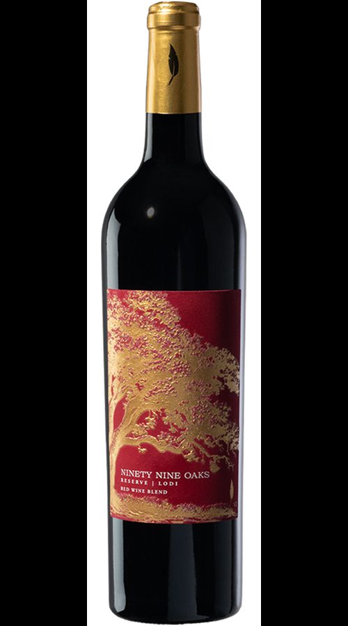 Bottle of Ninety Nine Oaks Reserve Lodi red wine blend with a gold foil neck and a red label featuring a gold tree design on a white background