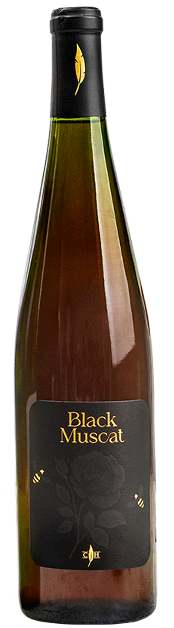 Brown-green wine bottle labeled Black Muscat on a black label with subtle rose illustration and gold text