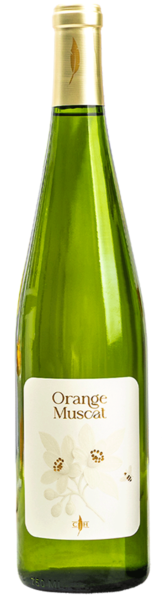 Green wine bottle with gold foil top and white label reading Orange Muscat with pale floral illustration