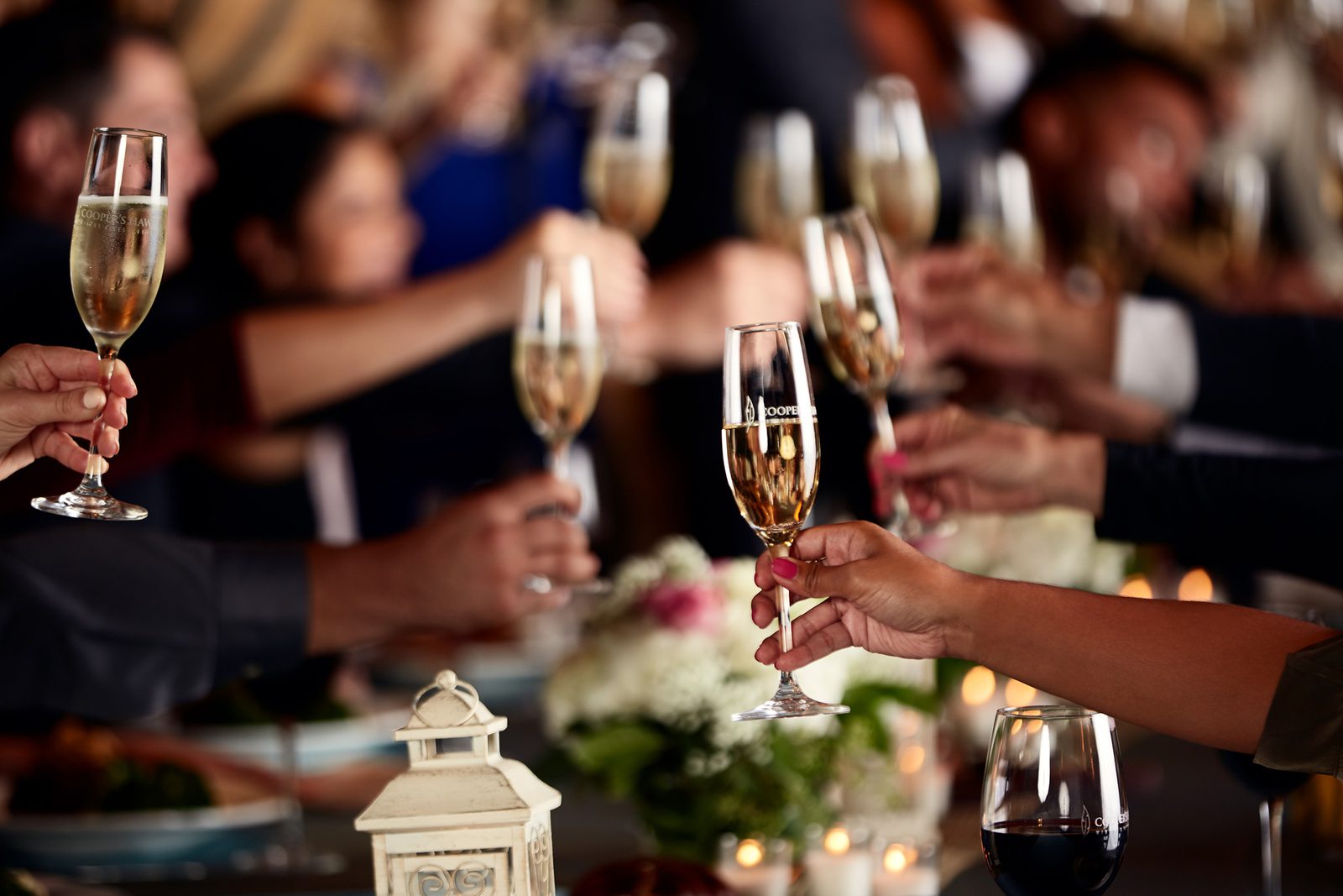 A group of people toasting champagne glasses at a dinner party.