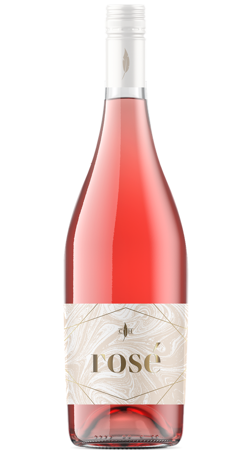 A bottle of rose wine on a white background.