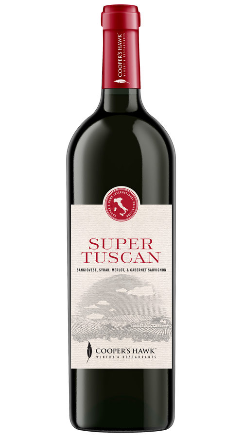 A bottle of wine with a red and white label.