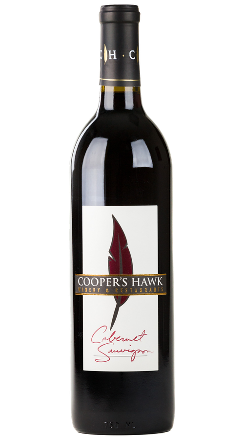 Cooper's hawk wine bottle with white label that has a feather