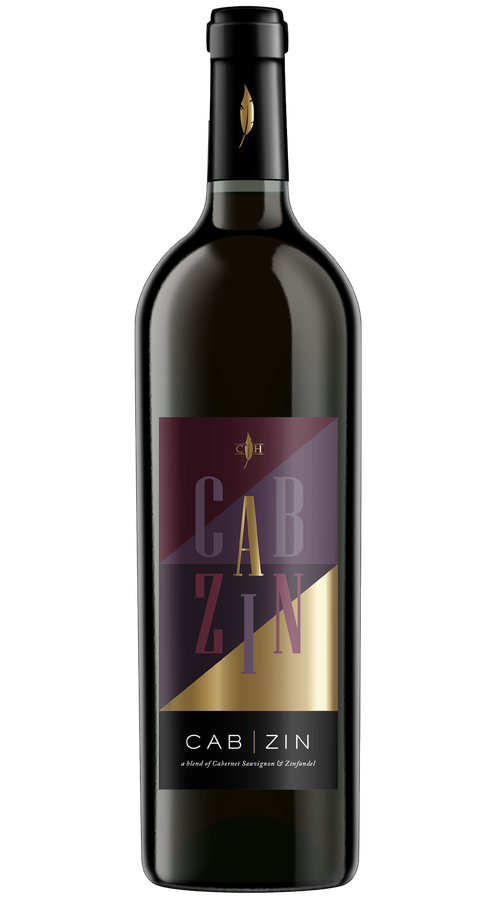A bottle of cabzin with a black and gold label.