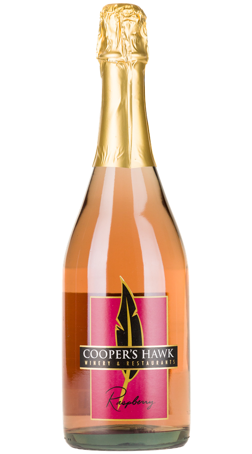 A bottle of sparkling raspberry wine with a gold label.