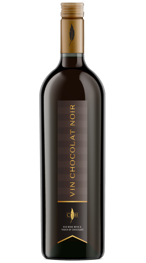 A bottle of dark chocolate wine with black and gold label.