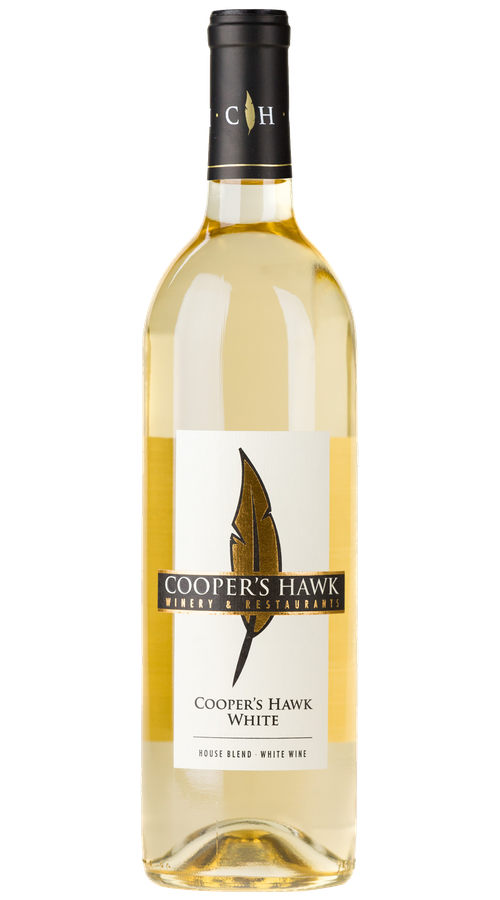 A bottle of Cooper's Hawk white wine with white label.