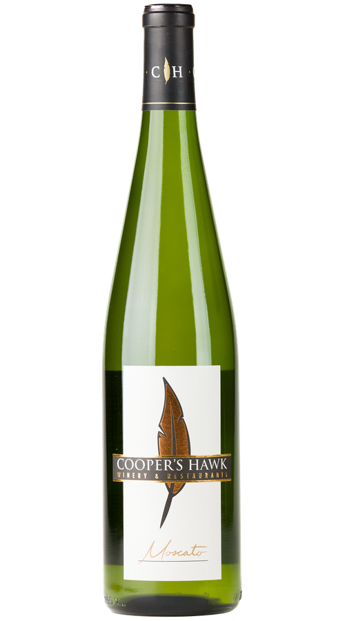 A bottle of white wine with a feather on it.