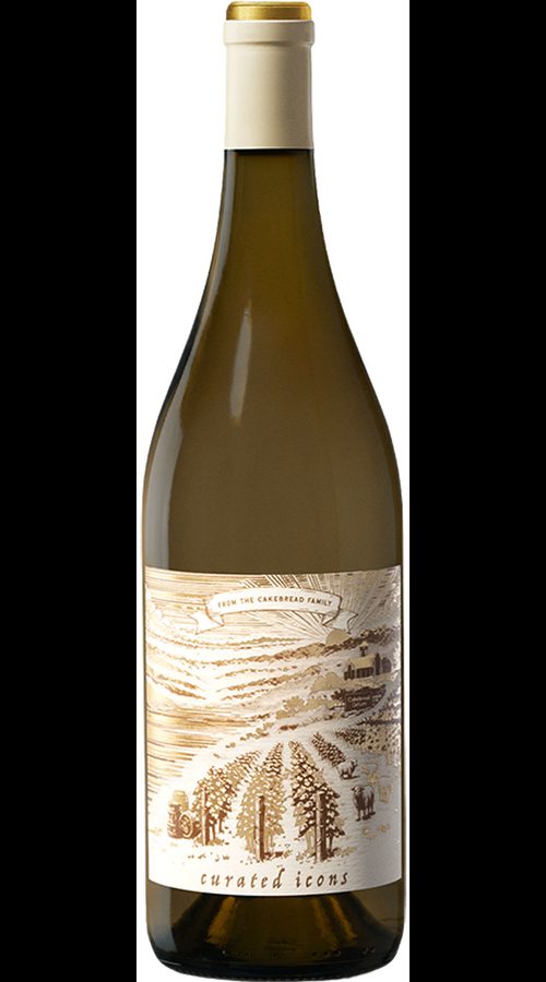 A tall bottle of white wine with a gold cap and illustrated label reading “curated icons” on a white background