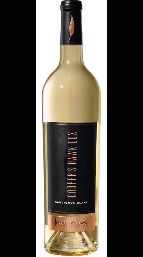 Bottle of Coopers Hawk Lux Sauvignon Blanc wine with a black label and gold-toned glass, shown on a white background